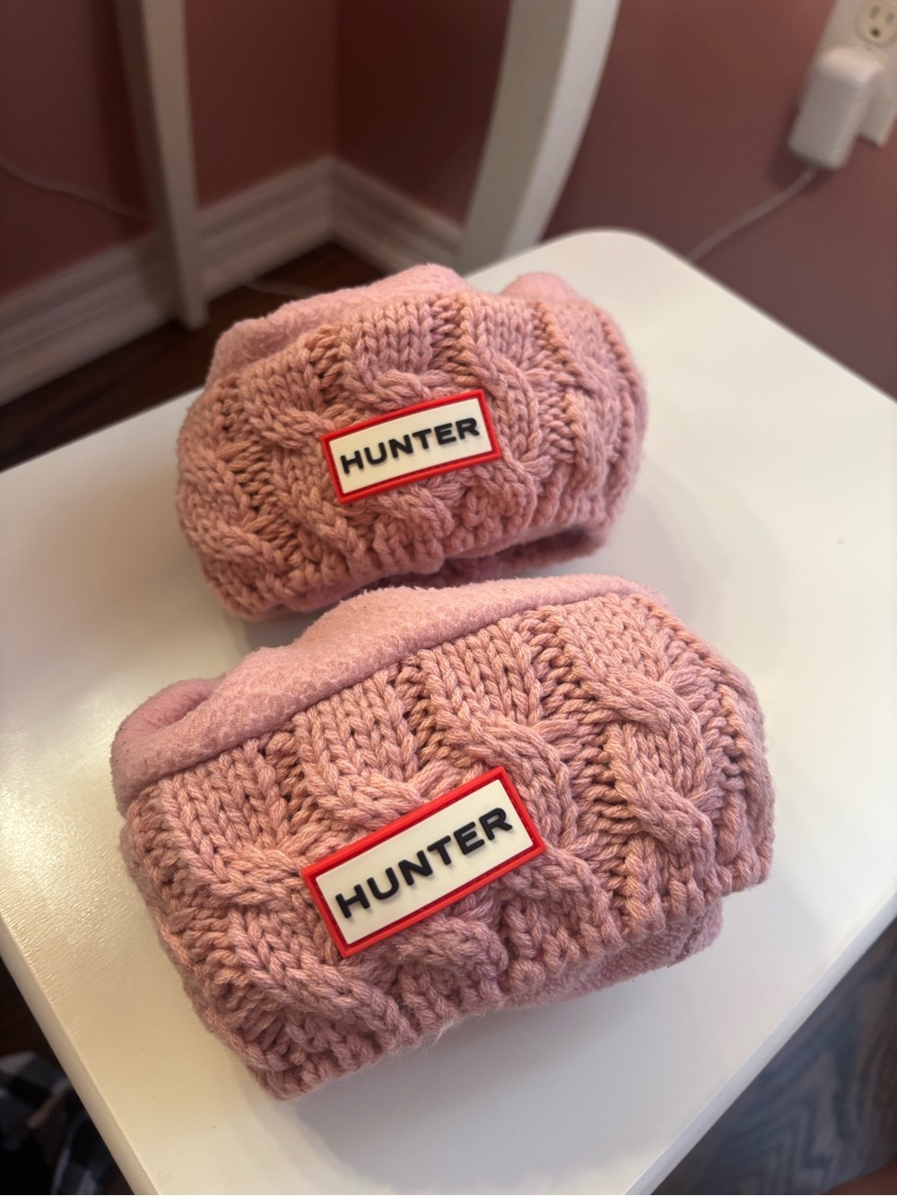 Hunter Pink Cable Knit Kids Boot Cuffs with Branded Patch